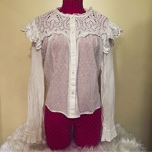 Cotton Semi Sheer Victorian Button Up Lace Blouse